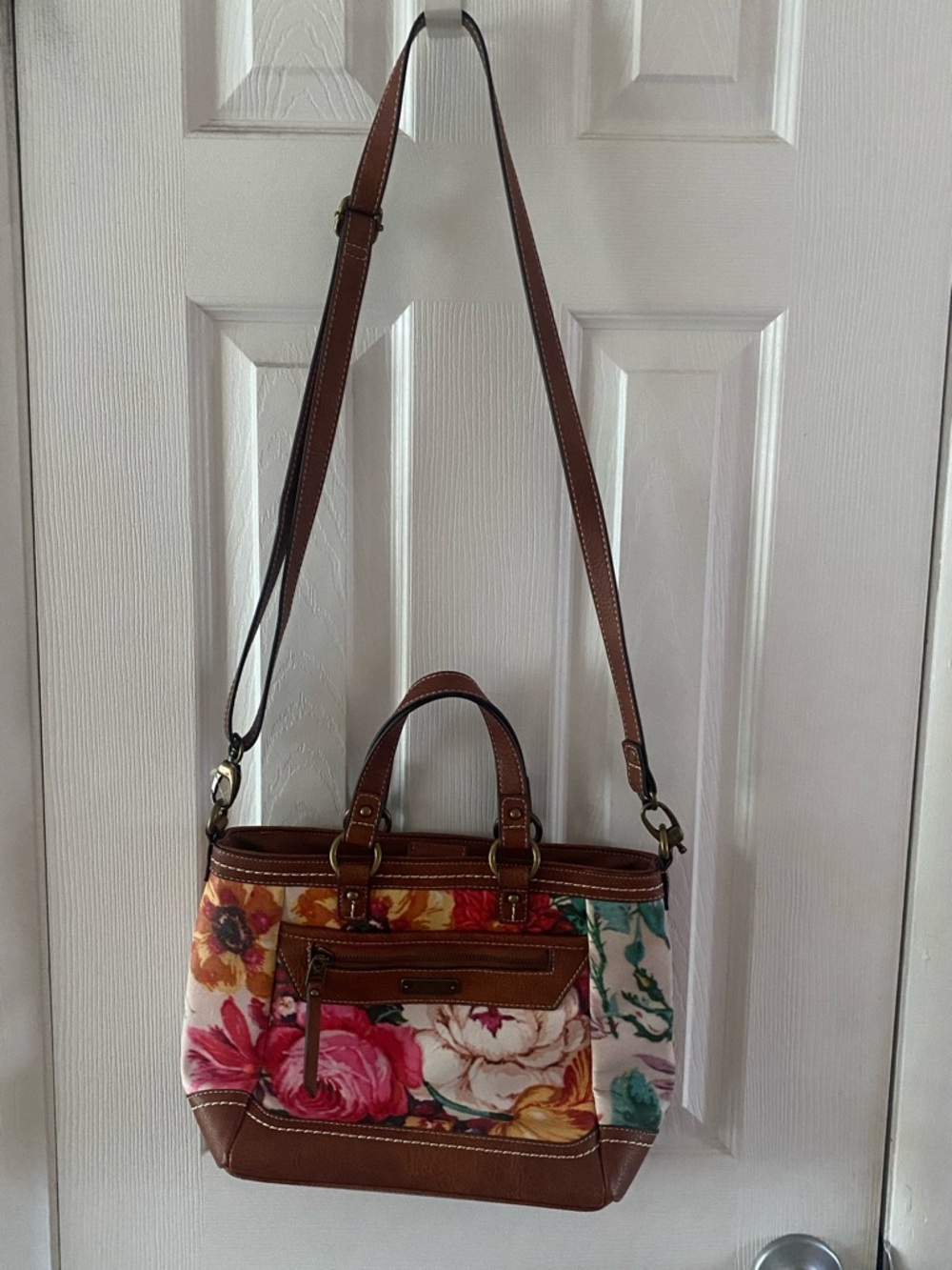B.O.C. Floral Crossbody Handbag with Brown Leather Trim